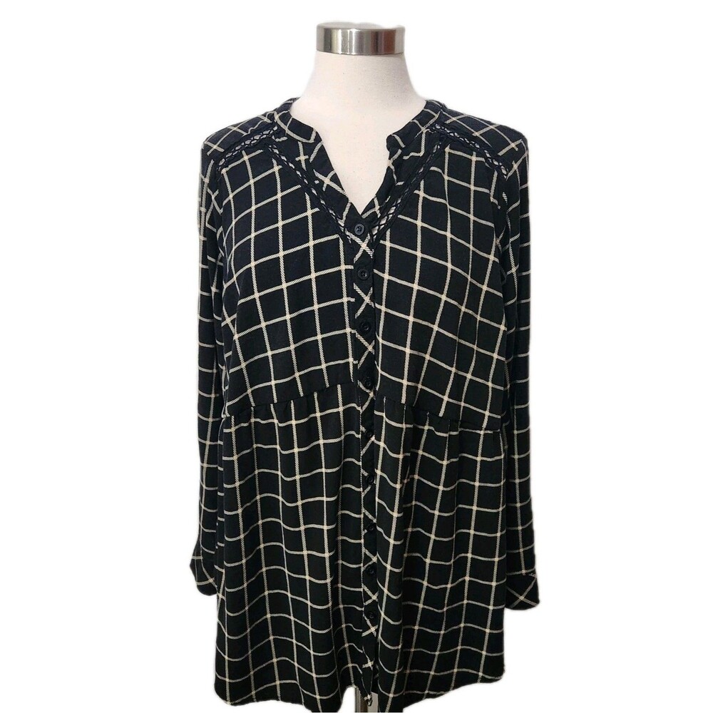 Torrid Womens Tunic Top Size 3X Black Check Babydoll Button Front Long Sleeve